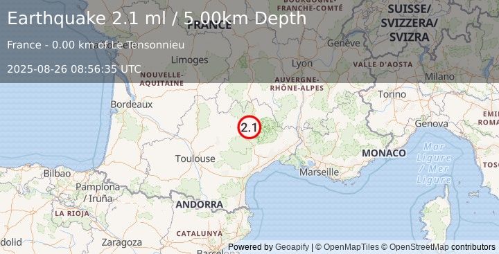 Earthquake FRANCE (2.1 ml) (2025-08-26 08:56:35 UTC)