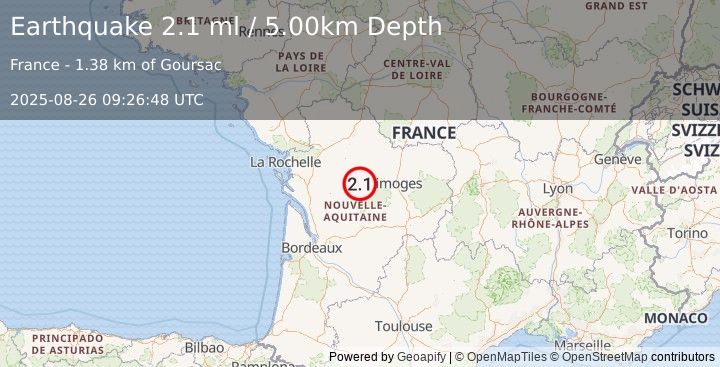 Earthquake FRANCE (2.1 ml) (2025-08-26 09:26:48 UTC)