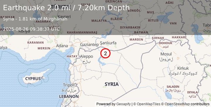 Earthquake TURKEY-SYRIA BORDER REGION (2.0 ml) (2025-08-26 09:38:37 UTC)
