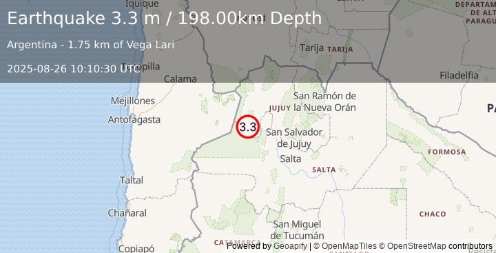 Earthquake JUJUY, ARGENTINA (3.3 m) (2025-08-26 10:10:30 UTC)