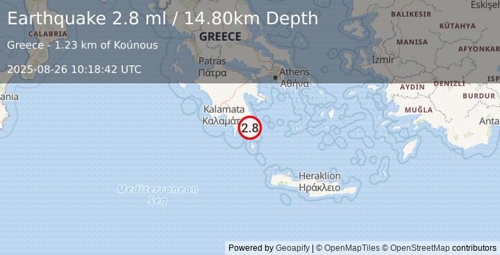 Earthquake SOUTHERN GREECE (2.8 ml) (2025-08-26 10:18:42 UTC)