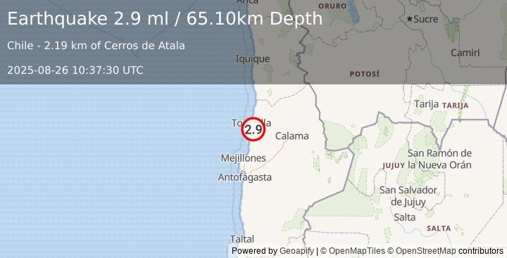 Earthquake ANTOFAGASTA, CHILE (2.9 ml) (2025-08-26 10:37:30 UTC)