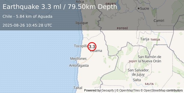 Earthquake ANTOFAGASTA, CHILE (3.3 ml) (2025-08-26 10:45:28 UTC)