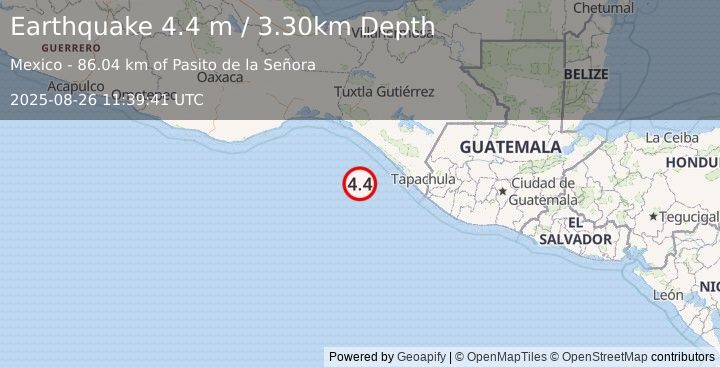 Earthquake OFFSHORE CHIAPAS, MEXICO (4.4 m) (2025-08-26 11:39:41 UTC)
