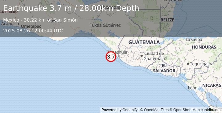 Earthquake OFFSHORE CHIAPAS, MEXICO (3.7 m) (2025-08-26 12:00:44 UTC)