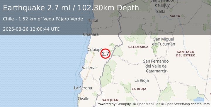 Earthquake ATACAMA, CHILE (2.7 ml) (2025-08-26 12:00:44 UTC)