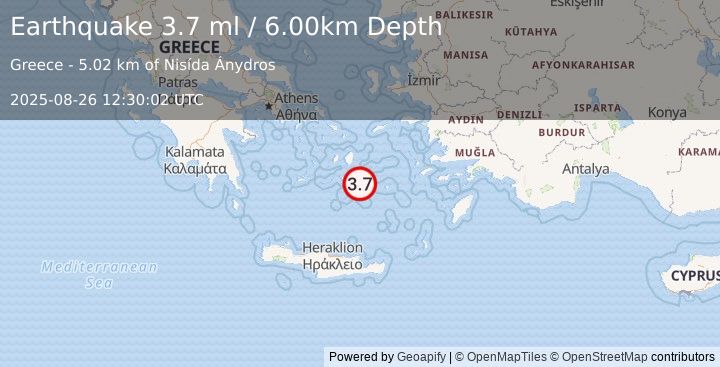 Earthquake DODECANESE ISLANDS, GREECE (3.7 ml) (2025-08-26 12:30:02 UTC)