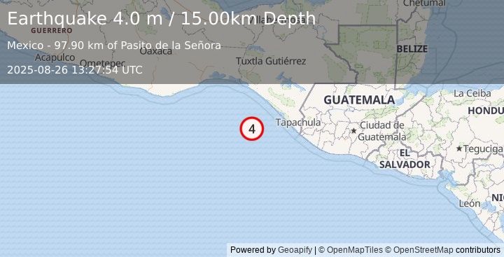 Earthquake OFF COAST OF CHIAPAS, MEXICO (4.0 m) (2025-08-26 13:27:54 UTC)