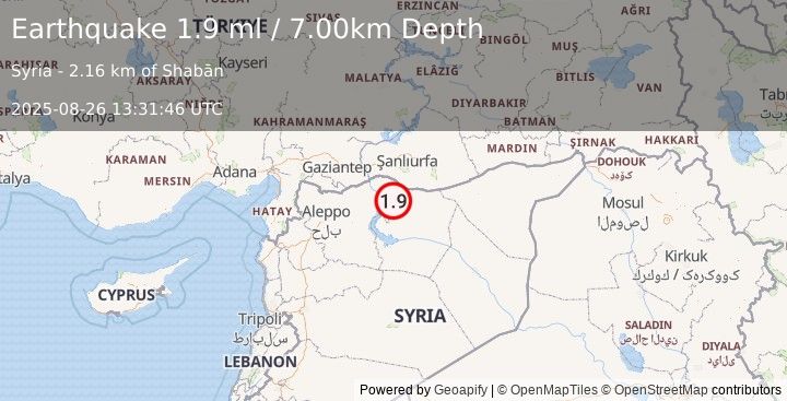 Earthquake TURKEY-SYRIA BORDER REGION (1.9 ml) (2025-08-26 13:31:46 UTC)