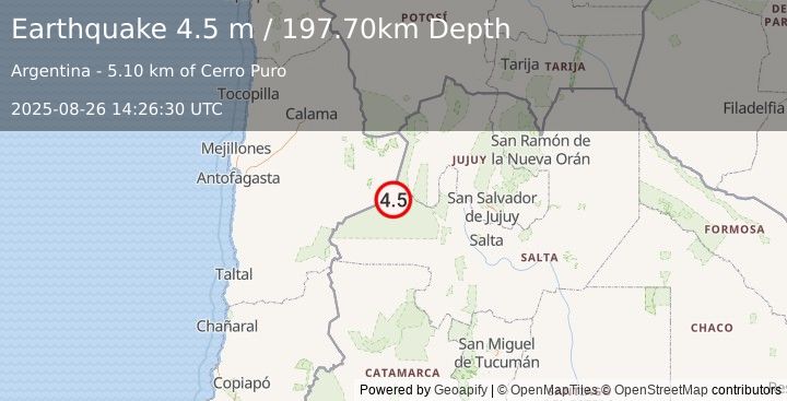 Earthquake SALTA, ARGENTINA (4.4 mb) (2025-08-26 14:26:31 UTC)