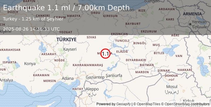 Earthquake EASTERN TURKEY (1.1 ml) (2025-08-26 14:36:33 UTC)