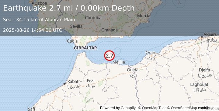 Earthquake STRAIT OF GIBRALTAR (2.7 ml) (2025-08-26 14:54:30 UTC)
