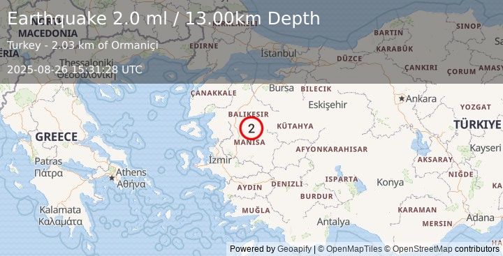 Earthquake WESTERN TURKEY (2.0 ml) (2025-08-26 15:31:28 UTC)