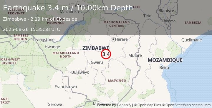 Earthquake ZIMBABWE (3.4 m) (2025-08-26 15:35:58 UTC)