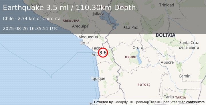 Earthquake TARAPACA, CHILE (3.5 ml) (2025-08-26 16:35:51 UTC)