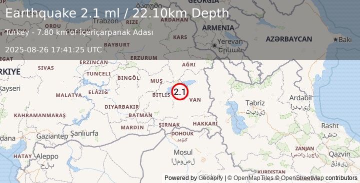 Earthquake EASTERN TURKEY (2.1 ml) (2025-08-26 17:41:25 UTC)