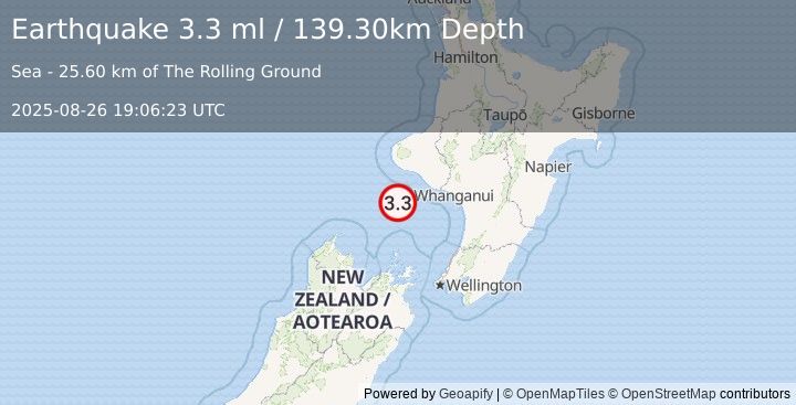 Earthquake COOK STRAIT, NEW ZEALAND (3.3 ml) (2025-08-26 19:06:23 UTC)