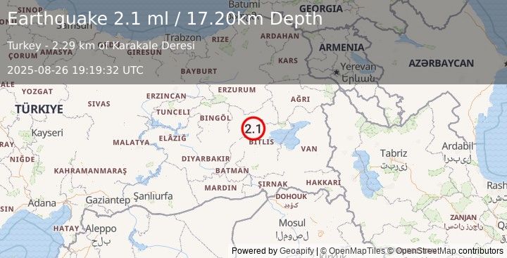 Earthquake EASTERN TURKEY (2.1 ml) (2025-08-26 19:19:32 UTC)