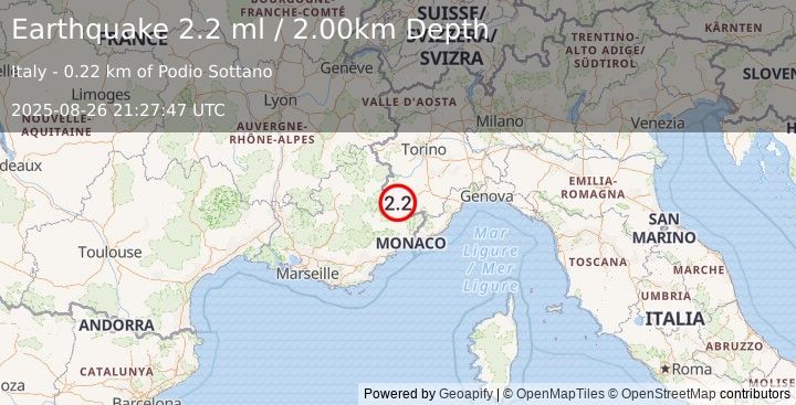 Earthquake NORTHERN ITALY (2.2 ml) (2025-08-26 21:27:46 UTC)