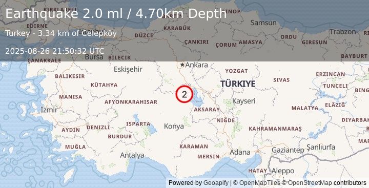 Earthquake CENTRAL TURKEY (2.0 ml) (2025-08-26 21:50:32 UTC)