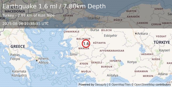 Earthquake WESTERN TURKEY (1.6 ml) (2025-08-26 21:35:35 UTC)