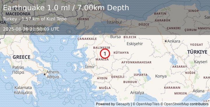 Earthquake WESTERN TURKEY (1.0 ml) (2025-08-26 21:50:09 UTC)