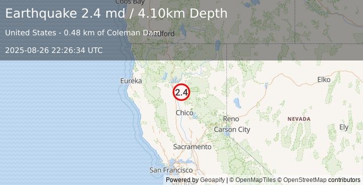 Earthquake NORTHERN CALIFORNIA (2.4 md) (2025-08-26 22:26:34 UTC)