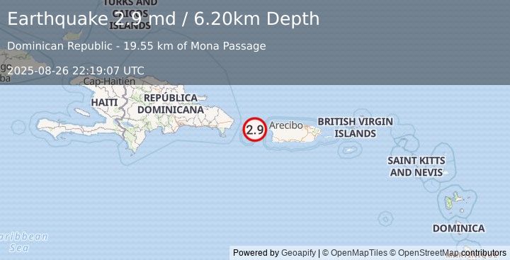 Earthquake MONA PASSAGE, PUERTO RICO (2.9 md) (2025-08-26 22:19:07 UTC)