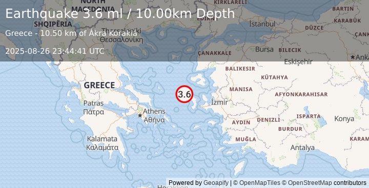 Earthquake AEGEAN SEA (3.6 ml) (2025-08-26 23:44:41 UTC)