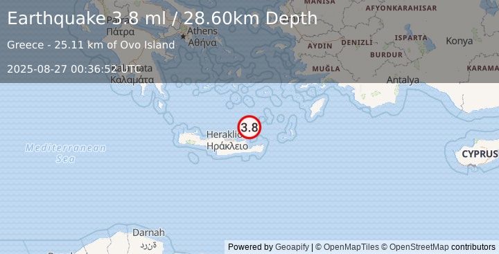 Earthquake CRETE, GREECE (4.1 ml) (2025-08-27 00:36:52 UTC)