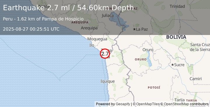 Earthquake OFFSHORE TARAPACA, CHILE (2.7 ml) (2025-08-27 00:25:51 UTC)