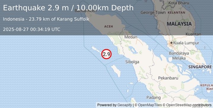 Earthquake SIMEULUE, INDONESIA (2.9 m) (2025-08-27 00:34:19 UTC)
