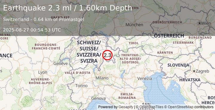 Earthquake SWITZERLAND (2.3 ml) (2025-08-27 00:54:53 UTC)