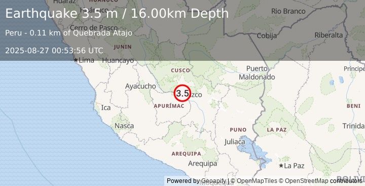 Earthquake CENTRAL PERU (3.5 m) (2025-08-27 00:53:56 UTC)