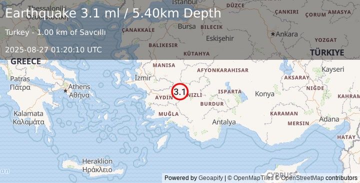 Earthquake WESTERN TURKEY (3.1 ml) (2025-08-27 01:20:10 UTC)