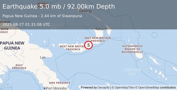 Earthquake NEW BRITAIN REGION, P.N.G. (5.0 mb) (2025-08-27 01:31:08 UTC)