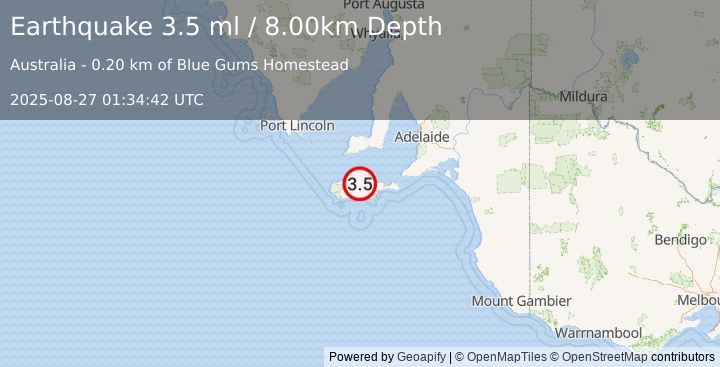 Earthquake NEAR COAST OF SOUTH AUSTRALIA (3.5 ml) (2025-08-27 01:34:42 UTC)