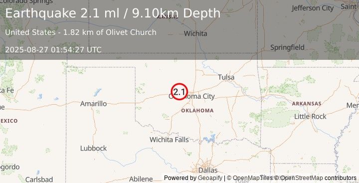 Earthquake OKLAHOMA (2.1 ml) (2025-08-27 01:54:27 UTC)