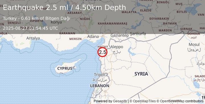Earthquake TURKEY-SYRIA BORDER REGION (2.5 ml) (2025-08-27 01:54:47 UTC)