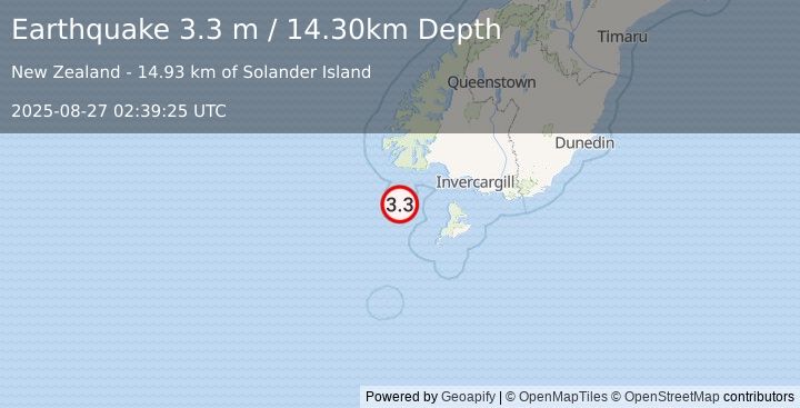 Earthquake OFF W. COAST OF S. ISLAND, N.Z. (3.3 m) (2025-08-27 02:39:25 UTC)