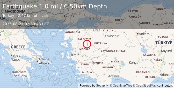 Earthquake WESTERN TURKEY (1.0 ml) (2025-08-27 02:39:43 UTC)