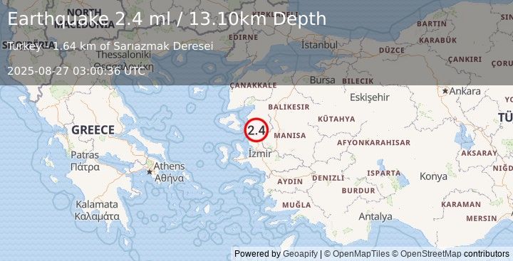 Earthquake WESTERN TURKEY (2.4 ml) (2025-08-27 03:00:36 UTC)