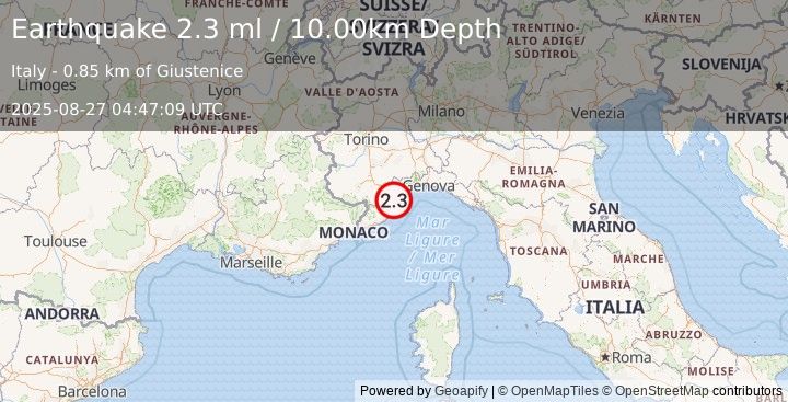 Earthquake NORTHERN ITALY (2.3 ml) (2025-08-27 04:47:09 UTC)