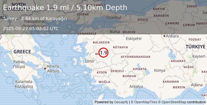 Earthquake WESTERN TURKEY (1.9 ml) (2025-08-27 05:02:52 UTC)
