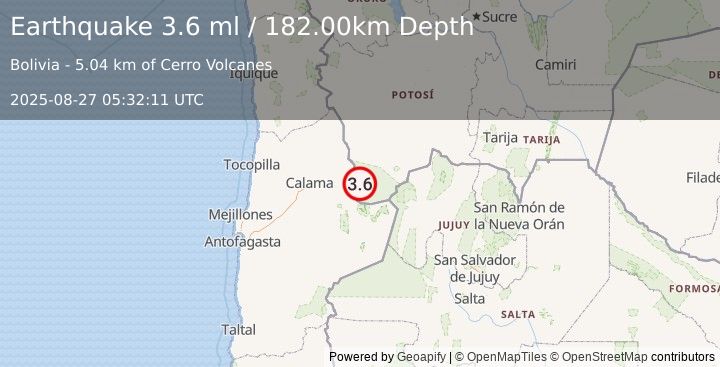 Earthquake POTOSI, BOLIVIA (3.6 ml) (2025-08-27 05:32:11 UTC)