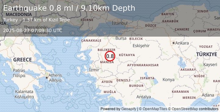 Earthquake WESTERN TURKEY (0.8 ml) (2025-08-27 07:09:30 UTC)