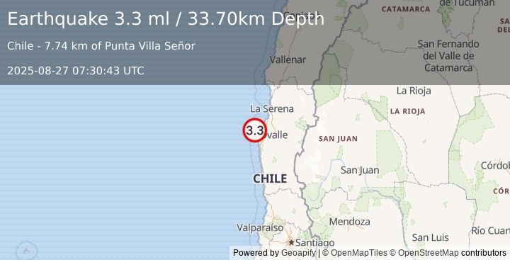Earthquake OFFSHORE COQUIMBO, CHILE (3.3 ml) (2025-08-27 07:30:43 UTC)