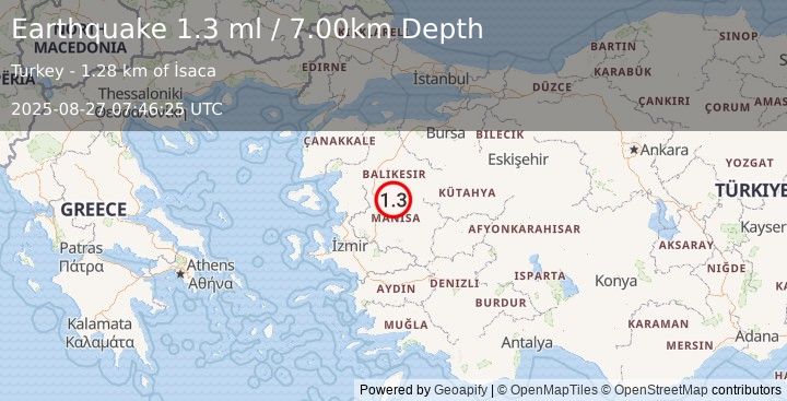 Earthquake WESTERN TURKEY (1.3 ml) (2025-08-27 07:46:25 UTC)