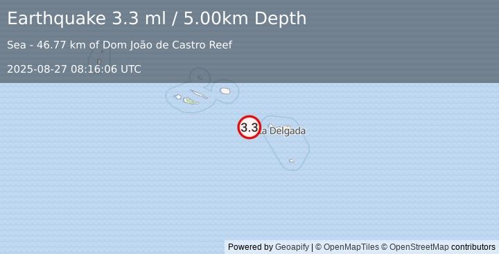 Earthquake AZORES ISLANDS, PORTUGAL (3.3 ml) (2025-08-27 08:16:06 UTC)