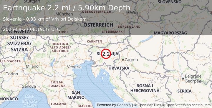 Earthquake SLOVENIA (2.2 ml) (2025-08-27 08:19:37 UTC)